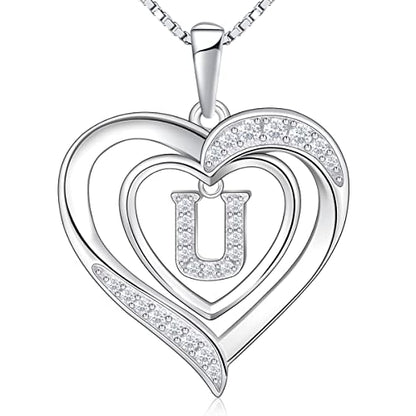RIVIKO Heart Initial Necklace for Women, 925 Sterling Silver Letter Pendant,Personalized Charm Alphabet Jewelry Valentines Mother's Day Anniversary Christmas Birthday Gifts for Women Her Mom Wife - color: Letter-U