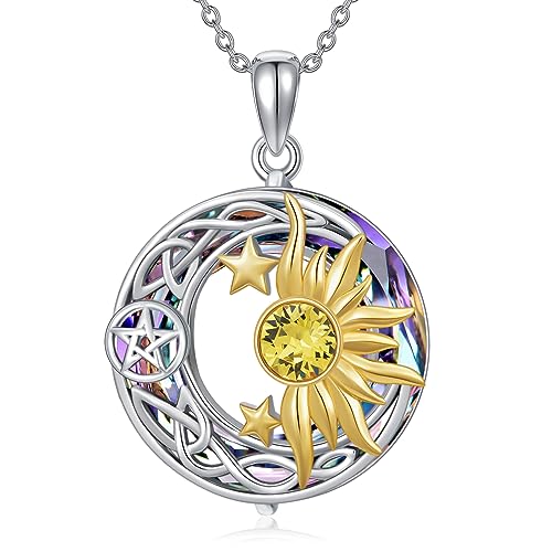 AOBOCO 925 Sterling Silver Moon Sun Star Necklace Celtic Jewelry for Women Girls - color: Circle Crystal-Purple Color