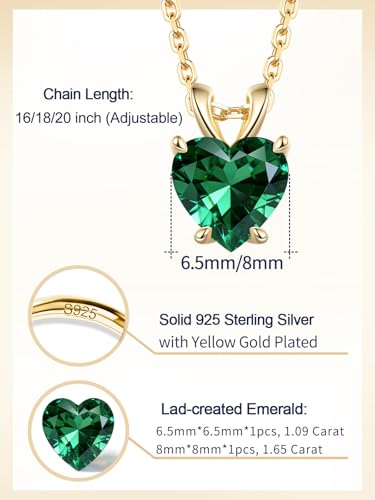 CYW Genuine Sapphire/Emerald/Ruby/Moissanite Necklace for Women, Really Authentic Solid 925 Sterling Silver, 16"/18"/20" Adjustable Chain, Anniversary Mother's Day Valentines Gift - color: Emerald - Heart - Yellow Gold, size: 6.5mm