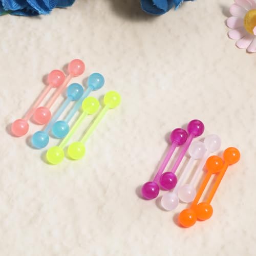Acrylic Tongue Barbells Rings 24 PCS 15G Glow in Dark Flexible Straight Tongue Rings Colorful Plastic Ring Body Piercing Jewelry Bars for Women Men Work Sports 18mm