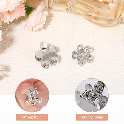 12PCS Small Metal Hair Claw Clips, Silver Mini Hair Clips for Thin Thick Hair, Cute Tiny Hair Clips, Little Flower Hair Jaw Clamps, Nonslip Bangs Pins Hair Accessories for Women Girls - color: Silver Flower