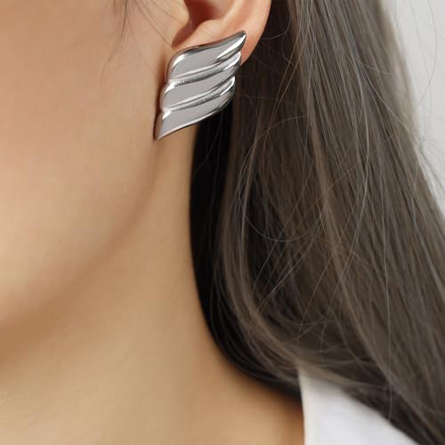 Jean Beau Chunky Gold Stud Earrings for Women Trendy Gold Plated Dangle Drop Prom Birthday Fashion Office Jewelry Gift - color: Silver Wing