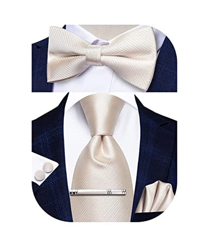 Hi-Tie 5Pcs Mens Solid Color Silk Tie Satin Pretied Bowtie Lapel Pin for Men Handkerchief Cufflink Wedding Gift Box - color: Beige Solid
