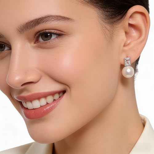 Faux Pearl Cubic Zirconia Stud Earrings, Hypoallergenic Lightweight Round Pearl Studs for Women - color: White, size: Pearl 12mm-CZ 4*8mm