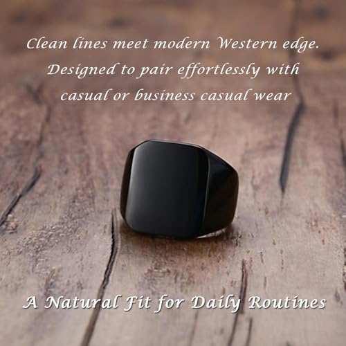 Men's Stainless Steel Square Biker Signet Ring, Black Silver Gold Styles | plain flat top, polished and brushed finish options, chunky profile, pinky or thumb styling, gift-ready for dad or him - color: Black
