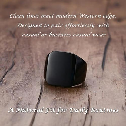Men's Stainless Steel Square Biker Signet Ring, Black Silver Gold Styles | plain flat top, polished and brushed finish options, chunky profile, pinky or thumb styling, gift-ready for dad or him - color: Black