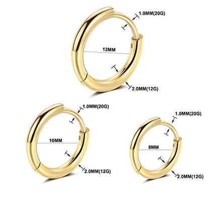 Black Hoop Earrings for Men 8mm 10mm 12mm – Surgical Stainless Steel Hypoallergenic Mens Small to Medium Hoop Earrings Set (3 Pairs) - style: D:3pairs,8mm+10mm+12mm,gold