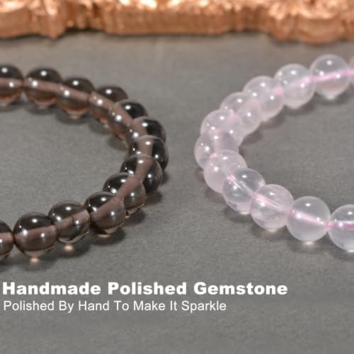 2PCS Agate Bracelet for Women Men Natural Round Beaded Agates Stone Healing Stretch Bracelets Elastic Handmade Polished Gemstone Beads Bracelet - color: Grey+Pink Quartz, size: 8mm Beads