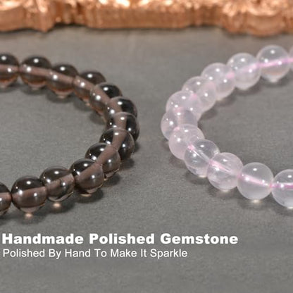 2PCS Agate Bracelet for Women Men Natural Round Beaded Agates Stone Healing Stretch Bracelets Elastic Handmade Polished Gemstone Beads Bracelet - color: Grey+Pink Quartz, size: 8mm Beads