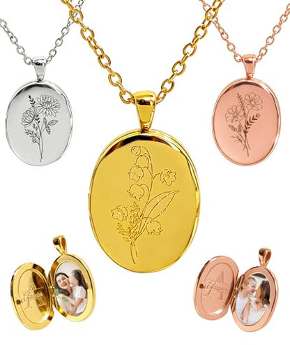 Personalized Locket Necklace for Women with Engraved Text & Picture | Custom Birthday Flower Locket Necklace Mothers Day Gift for Mom Mother Wife - color: Elliptic