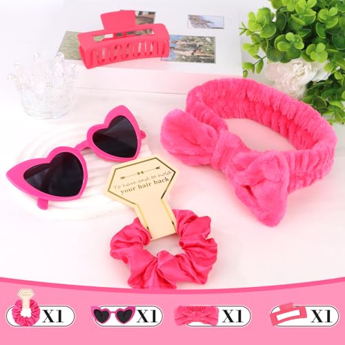 Semato 4 Pcs Hot Pink Bridesmaid Proposal Gifts Bridesmaid Spa Headband, Hair Claw Clips, Heart Shaped Sunglasses and Smooth Satin Scrunchies - color: Hot pink