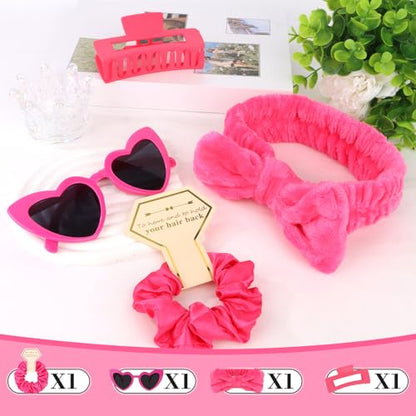 Semato 4 Pcs Hot Pink Bridesmaid Proposal Gifts Bridesmaid Spa Headband, Hair Claw Clips, Heart Shaped Sunglasses and Smooth Satin Scrunchies - color: Hot pink