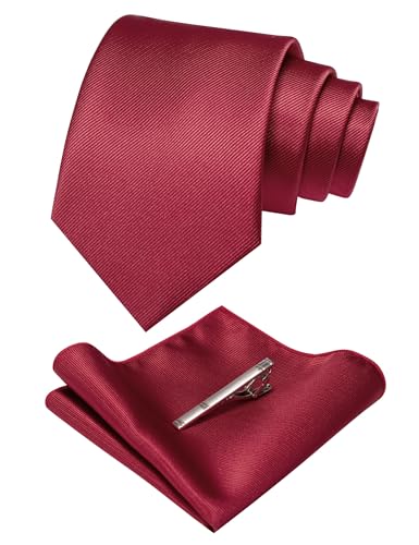 JEMYGINS Solid Color Formal Necktie and Pocket Square Tie Clip Sets for Men - color: Crimson