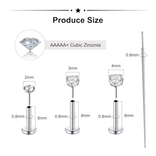 Zolure 18G/20G Flat Back Earrings Stud Threadless Nose Studs Surgical Steel Push in Earrings Tragus Cartilage Labret Helix Lip Conch Medusa Piercing Jewelry - color: 20G Silver #2