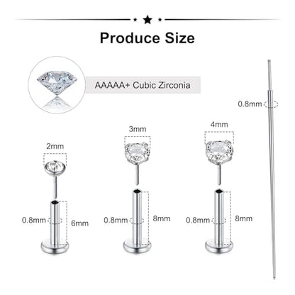 Zolure 18G/20G Flat Back Earrings Stud Threadless Nose Studs Surgical Steel Push in Earrings Tragus Cartilage Labret Helix Lip Conch Medusa Piercing Jewelry - color: 20G Silver #2
