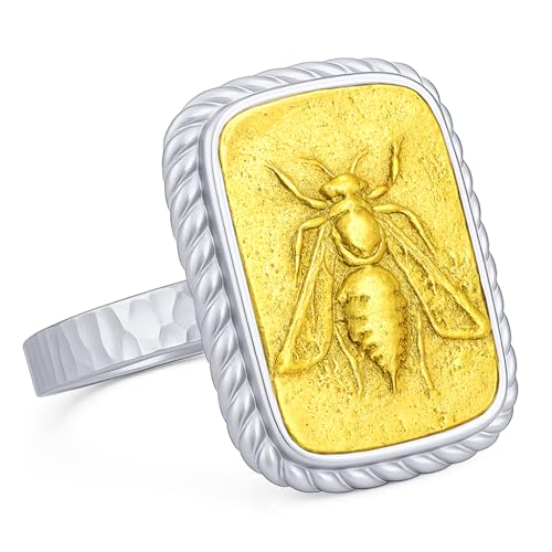 925 Sterling Silver Two Tone Hammered Artemis Honey Bee Coin Signet Ring | Handcrafted Artisan Design, Ancient Queen Bee Heritage, Heirloom Quality, Timeless Keepsake for Meaningful Gifting - color: 01-Sterling Silver Ring - 24K Gold Vermeil Coin