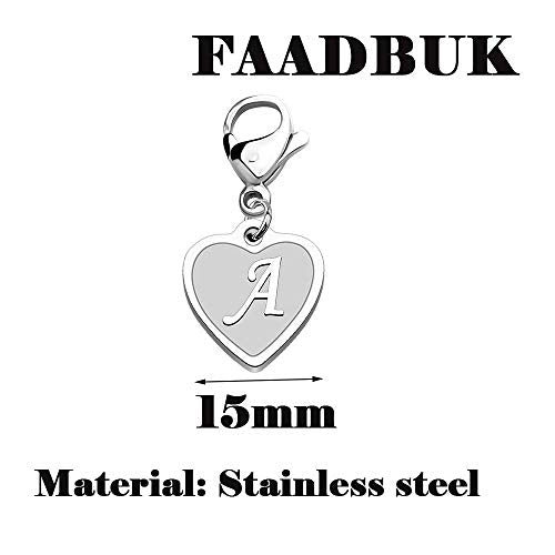 FAADBUK Initial Letter A-Z Alphabet Heart Charms for Jewelry Bracelet Keychain Necklace Initial Stainless steel Clasp Clip on Charm - color: intial A