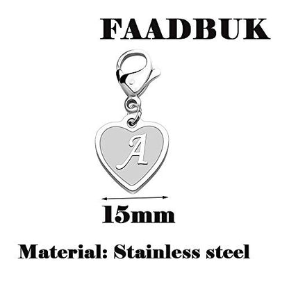 FAADBUK Initial Letter A-Z Alphabet Heart Charms for Jewelry Bracelet Keychain Necklace Initial Stainless steel Clasp Clip on Charm - color: intial A