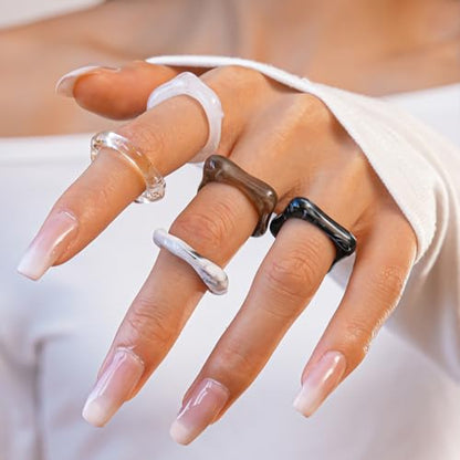5Pcs Stacking Retro Brown and White Square Resin Knuckle Ring, Simple Chunky Black Acrylic Rings for Women Bohemia Dainty Party Prom Charm Jewelry Gift - color: White