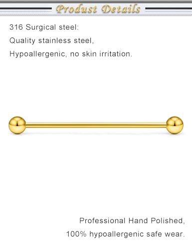 16G 14G Surgical Steel Tongue Rings Nipple Rings Industrial Piercing Jewelry Set Multi Size Straight Barbells 12mm 14mm 16mm 19mm 22mm 28mm 32mm 35mm 38mm 40mm 45mm for Women Men - color: goldtone, size: 14g,bar length 45mm