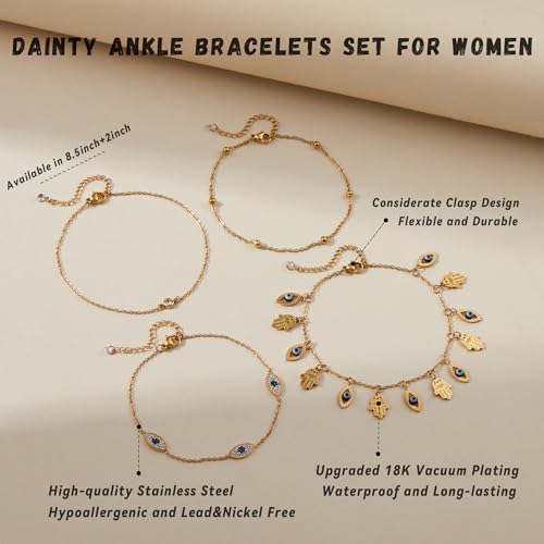 LOFITOR Anklets for Women Ankle Bracelet Charm Link Chain Set Foot | Waterproof Dainty Cz Evil Eye Beaded Anklets Adjustable Beach Foot Jewelry Feet Chains, Summer Beach Foot Jewelry Gifts - style: Evil-eye Gold