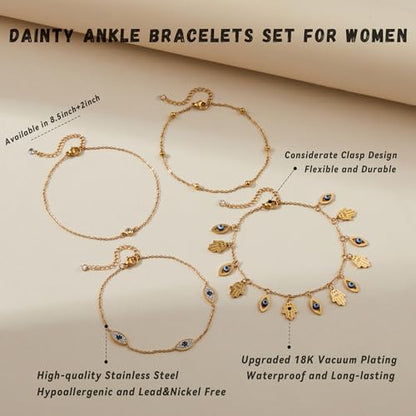 LOFITOR Anklets for Women Ankle Bracelet Charm Link Chain Set Foot | Waterproof Dainty Cz Evil Eye Beaded Anklets Adjustable Beach Foot Jewelry Feet Chains, Summer Beach Foot Jewelry Gifts - style: Evil-eye Gold