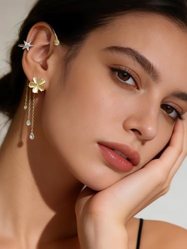 2PCS Flower Tassel Zircon Earrings Ear Cuffs No Piercing Flower Climber Wrap Around Earrings Pearl Drop Earrings for Women Fairy Ear Clip Dainty Wedding Earrings for Brides - color: Style 3- Gold