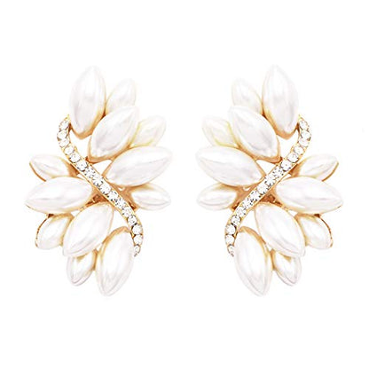 Rosemarie Collections Women's Dazzling Crystal Marquis Leaf Cluster Statement Clip On Earrings, 1.87" - style: Cream Faux Pearl Gold Tone