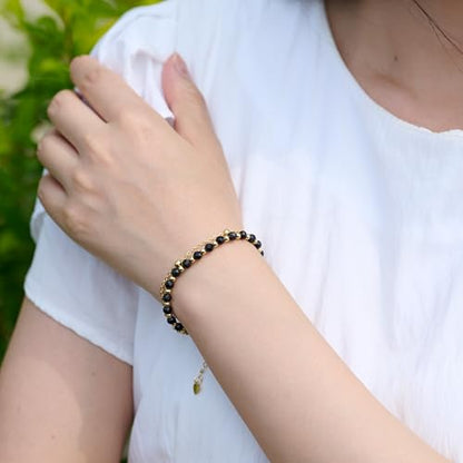 Farfume Crystal Beaded Bracelets for Women 4mm Natural Stone Jewelry Gifts | Natural Beads Gemstone,Handmade,Helper Tool,Yoga Protection,Hypoallergenic,Durability Wear - color: Black Onyx-Strength & Focus