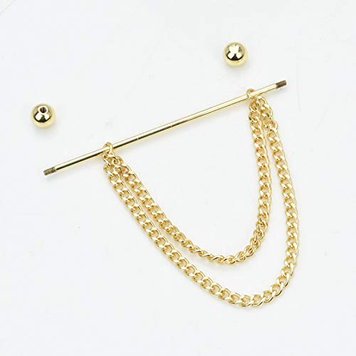 Men's Gold Plated Brass Collar Bar with Double Hanging Chain Tassel Shirt Tie Bar Collar Brooch - color: Gold Ball Head