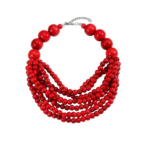 Caiyao Bohemian Multilayer African Wooden Beaded Strand Necklaces Vintage Colorful Layered Chunky Rainbow Beaded Bib Choker Necelace for Women Men Ethnic Costume Holiday Wedding Jewelry Gifts - color: Red