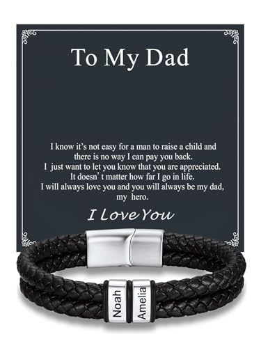 Custom4U Personalized Braided Leather Bracelet for Men with Name Engraved | 1-5 Name Engraving, Stainless Steel Bead, 7.5/8.3/9 Inch Black Leather, Gift Design for Men with Custom Keepsake Cards - color: 01-Steel Color-To My Dad, size: 2 Names