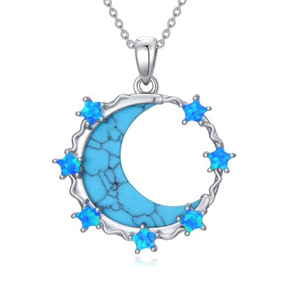 925 Sterling Silver Turquoise Moon Pendant Necklace for Women, Snake/Flower/Bow/Tree of Life/Star Moon Necklace, Dainty Jewelry for Daily Wear & Gifts - style: Style 5