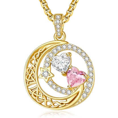 14K Gold Moon and Star Double Birthstone Necklace Gifts for Women | 2 Heart Birthstone Necklace,Mothers Day Wedding Anniversary Birthday Gifts for Wife Mom Daughter Grandma Sister - color: 04-10-Apr-Oct Birthstone