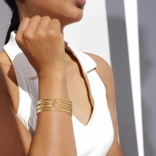 Multi-Layer Cuff Bracelet for Women Cross Wire Bracelets Open Wide Cuff Gold Bangle Bracelet - color: D