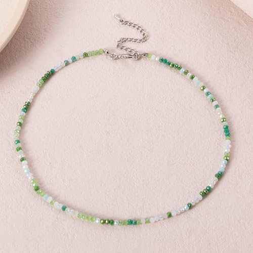Dainty Colorful Crystal Beaded Chain Adjustable Lightweight Choker Necklace Handmade Bohemian Shiny 3mm Rice Stone Beads Necklace Boho Summer Beach Jewelry for Women - color: green