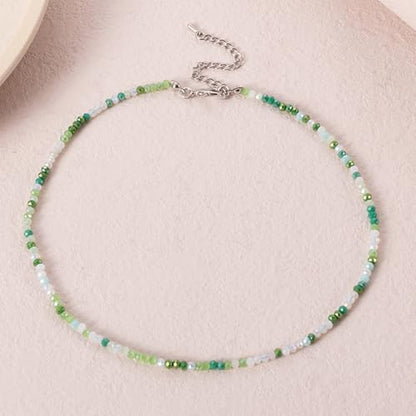 Dainty Colorful Crystal Beaded Chain Adjustable Lightweight Choker Necklace Handmade Bohemian Shiny 3mm Rice Stone Beads Necklace Boho Summer Beach Jewelry for Women - color: green