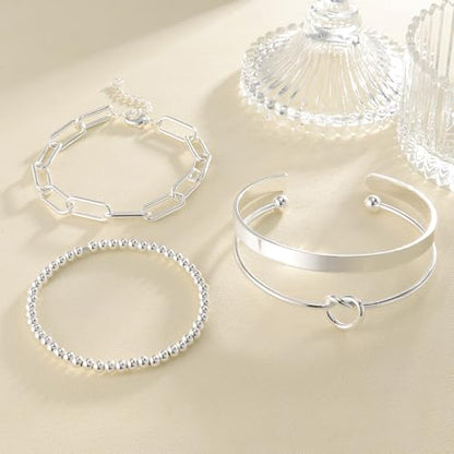 Gold Bracelets Stack Jewelry for Women Non Tarnish Waterproof | 14K Gold Plated Bangle Cuff Bracelet Set Accessories - color: Silver, style: Style A