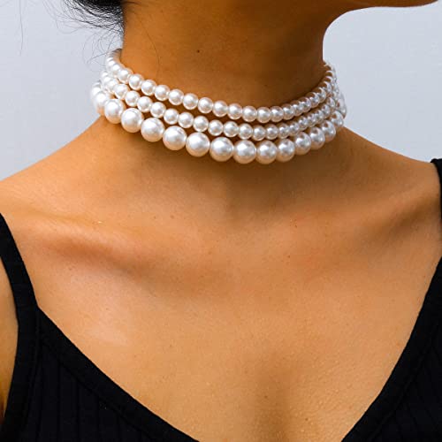 Boho Choker Necklaces for Women - Faux Round Pearl Layered Fashion Chunky Thick Clavicle Necklace Wedding Bride Jewelry Gifts - color: Style A