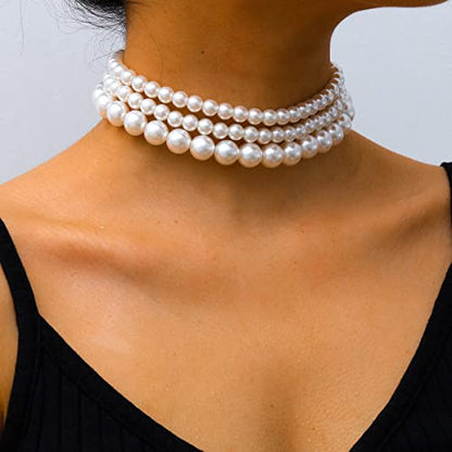 Boho Choker Necklaces for Women - Faux Round Pearl Layered Fashion Chunky Thick Clavicle Necklace Wedding Bride Jewelry Gifts - color: Style A