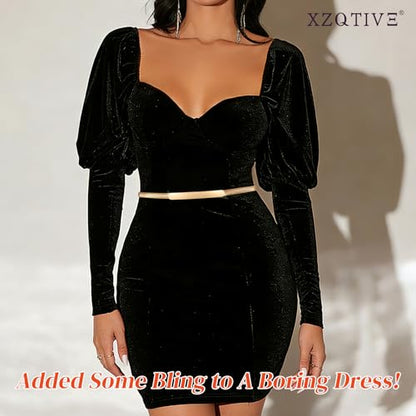 XZQTIVE 2 Pieces Women Skinny Metal Chain Waist Belt Stretchy Saree Cinch Belt for Dress Gold Sliver - color: 10 Gold, size: Fit waist 23-25 in