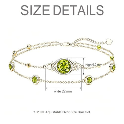 Midari 18K Gold Irish Infinity Celtic Knot Birthstone Layed Anklet Bracelet with 12 Months Birthstone Birthday Jewelry Gifts for Women Mom - color: 08-Peridot, size: Bracelet 7"-9"
