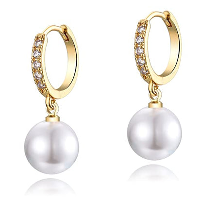 CERSLIMO Pearl Drop Earrings for Women | S925 Sterling Silver Post Simulated Shell Pearl Hoop Dangle Earrings, Hypoallergenic Cubic Zirconia Huggies Earrings Bridesmaid Jewelry - style: 01 Gold-Round