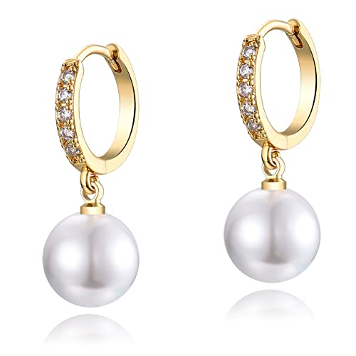 CERSLIMO Pearl Drop Earrings for Women | S925 Sterling Silver Post Simulated Shell Pearl Hoop Dangle Earrings, Hypoallergenic Cubic Zirconia Huggies Earrings Bridesmaid Jewelry - style: 01 Gold-Round