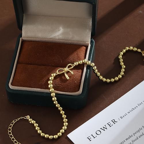 Gold Ankle Bracelets for women,14k Gold/Silver Plated Waterproof Layered lightweight Bow Beaded Twisted Chain Cross Butterfly Satellite Ankle Bracelets Set Gold Anklets for women Trendy Summer Beach Jewelry Gift for Women - style: anklets bow beaded-Gold