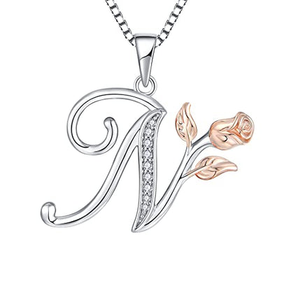 STARCHENIE Initial Necklace for Women Sterling Silver Letters 26 Alphabet Pendant Rose Flower Jewelry Gifts for Family Sisters Friend - color: N