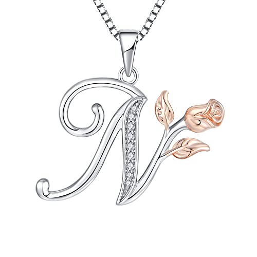 STARCHENIE Initial Necklace for Women Sterling Silver Letters 26 Alphabet Pendant Rose Flower Jewelry Gifts for Family Sisters Friend - color: N