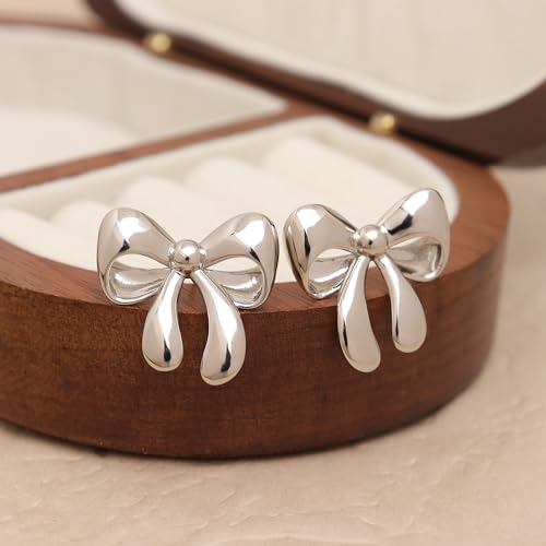 Jean Beau Chunky Gold Stud Earrings for Women Trendy Gold Plated Dangle Drop Prom Birthday Fashion Office Jewelry Gift - color: Silver Bow
