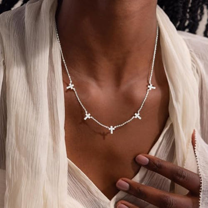 VRIUA Necklaces for Women - 14K Gold/Silver Plated Dainty Chain Necklace with Five Charms: Diamond, Bow, Snowflake, Cross, Flower, Clover, Butterfly, Heart, Star of David, and Star Trendy Jewelry - color: Silver, style: Cross CZ