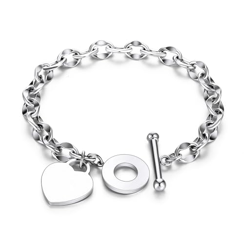 kelistom 316L Stainless Steel Love Heart Charm Bracelet for Women Romantic Gift Silver/Rose/18k Gold Plated OT Clasp Bracelets - color: heart polished-white